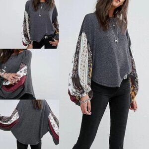 FREE PEOPLE | WE THE FREE | PATCHWORK SLEEVE BLOUSE | GRAY/MULTICOLOR